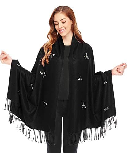 Bienvenu Dragonfly Detail Large Women Soft Cashmere Wool Wraps Shawls Stole Scarf,Black - Image 1