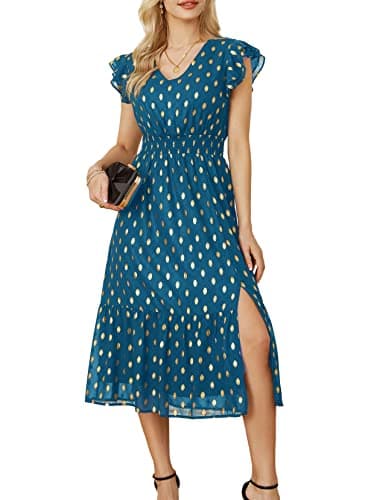 GRACE KARIN 2026 Womens Summer Dresses V Neck Ruffle Sleeve Floral Boho Beach A-Line Dress Peacock Blue-Gold Dots X-Large - Image 1
