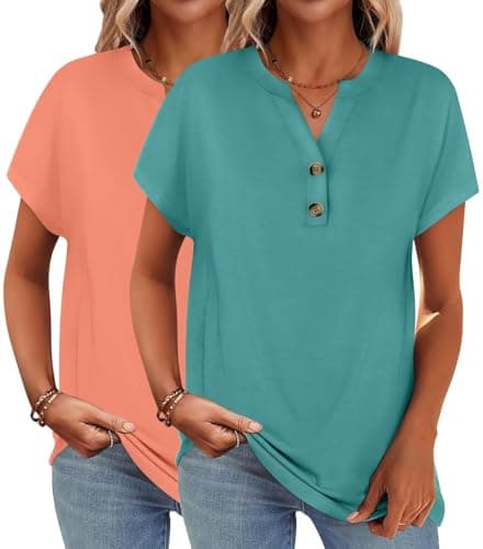 INNOVATOP 2 Pack Womens T Shirts V Neck Short Sleeve Henley Tops Work Business Casual Blouses Summer Dressy Casual Clothes - Image 1