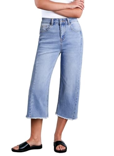 Sidefeel Women's High Waisted Jeans Stretchy Wide Leg Raw Hem Capri Pants Size 16 Sky Blue - Image 1