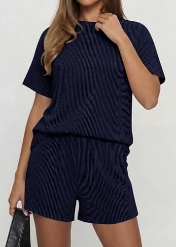 KIRUNDO 2 Piece Sets for Women Summer Shorts Lounge Set Matching Ribbed Knit Short Sleeve Top Airport Travel Vacation Outfits(Navy, Small) - Thumbnail 4