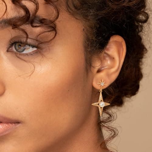 VALLOEY ROVER Starburst Stud Earrings for Women 14K Gold Plated Cubic Zirconia Pearl Ear Stud 925 Sterling Silver Post Everyday Jewelry Gift for Women - Thumbnail 2