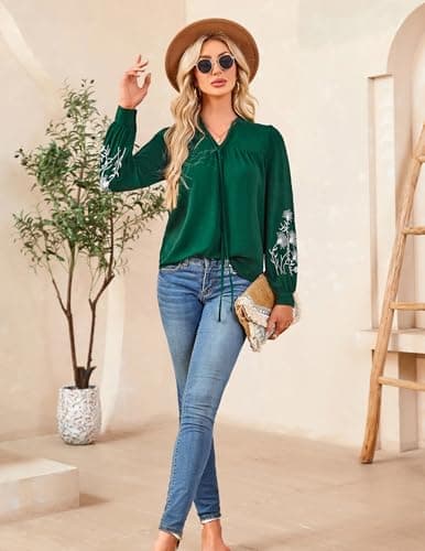 LOOKBOHO Women's Long Sleeve Tops Casual Floral Embroidered Puff Trendy Pleated V Neck Boho Blouses Tie Front Shirts XXL - Thumbnail 6