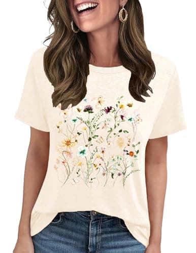 LETSEE Graphic Tees for Women Short Sleeve Loose Fit Casual T Shirts Cute Boho Vintage Dressy Trendy Summer Tops, Apricot, S - Image 1