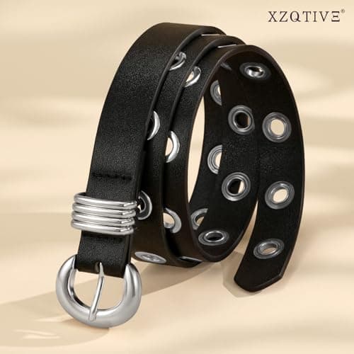 XZQTIVE Women Leather Belt for Jeans Pants Dress Fashion Casual Ladies Waist Belt with Gold Buckle, Black(eyelet-silver) - Thumbnail 5