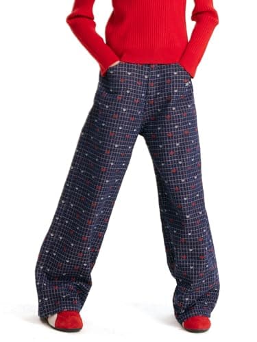 Girls Plaid Wide Leg Pants Retro Heart Pants Navy Blue Girls Trousers for Teens 6-16Y - Image 1