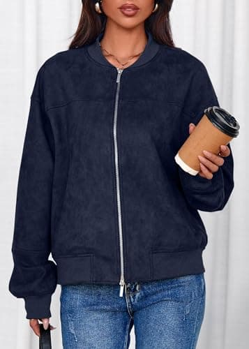 Lazysmile Women's Faux Suede Bomber Jackets Fall Fashion Outfits Winter Clothes Stand Collar Zip Up Coats Outwear - Thumbnail 4
