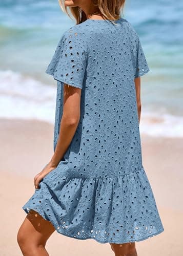 KIRUNDO Eyelet Dresses for Women 2026 Spring Summer Short Sleeve Button Down Loose Mini Babydoll Dress Beach Vacation Clothes(Grey Blue, Medium) - Thumbnail 2