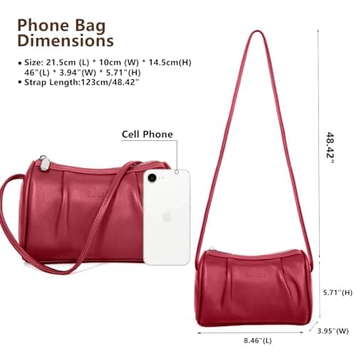 Genuine Leather Hobo Crossbody Bags for Women, Designer Barrel Purse Fashion Wrinkle Design Shoulder Cylinder Bag for Parties Dating and Casual Outings, Burgundy - Thumbnail 4