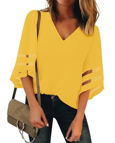 LookbookStore Women Vneck Mesh Panel Work T Shirts for Women V Neck Casual 3/4 Flared Bell Sleeve Blouse Dressy Casual Top Loose Business Office Blouse Tops Gold Lemon Size Large - Image 1