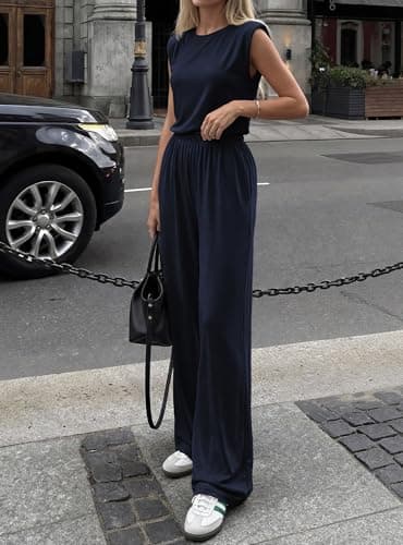 BTFBM 2 Piece Sets for Women Spring 2026 Casual Shoulder Pad Tank Top Wide Leg Pants Matching Set Travel Airport Outfits(Navy Blue, Medium) - Thumbnail 5