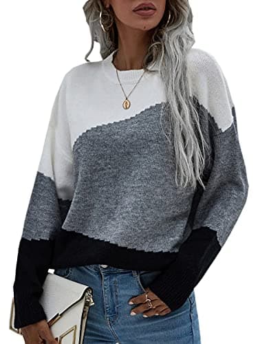 ECOWISH Women Sweater Dropped Shoulder Color Block Pullover Sweaters Long Sleeve Crewneck Patchwork Knit Casual Loose Jumper Tops 216 Gray Medium - Image 1