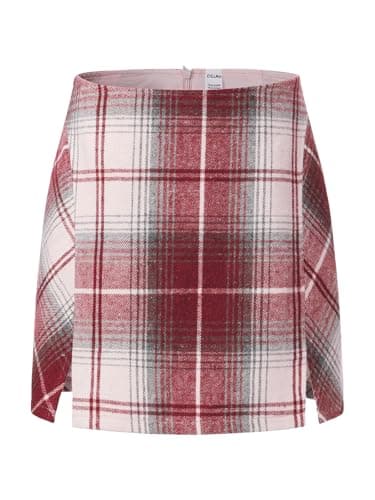 EXLURA Women's Fashion Faux Wool Mini Skirt High Waisted Y2K Trendy Side Slit Tweed Plaid Skirts 2025 Fall Winter Outfits Wine Red - Thumbnail 4
