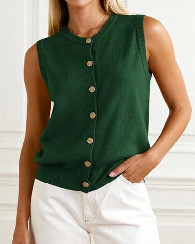 BTFBM Sweater Vest Women Casual Crewneck Button Down Knit Sleeveless Cardigan 2026 Spring Clothes Summer Vests Tops(Dark Green, X-Large) - Thumbnail 2