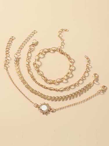 Bracelets Sets 14K Gold Plated Trendy Thin Dainty Stackable Cuban Link Paperclip Chain Leaf Sun Fashion Gifts Jewelry - Thumbnail 3