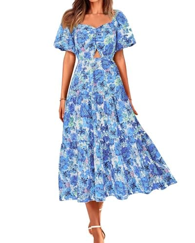 BTFBM Women's Clothing Spring Summer Dresses 2026 Beach Vacation Short Sleeve Smocked Back Boho Casual Floral Maxi Dress(Floral Blue, XX-Large) - Image 1