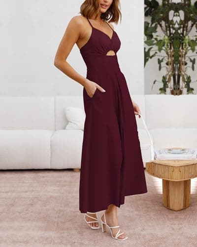 BTFBM Women 2026 Spaghetti Strap Midi Summer Dresses Sleeveless V Neck Cutout Slit Casual Beach Party Maxi Dress Pockets(Wine Red, Large) - Thumbnail 3