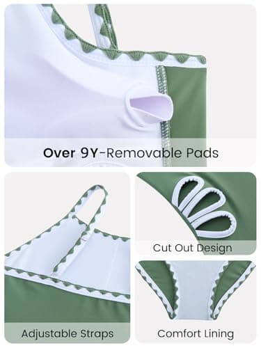 JiAmy Girls Swimsiut One Piece Bathing Suits Cut Out Swimwear with Mesh Cover Up Skirt Adjustable Straps Army Green Size 9-10 - Thumbnail 5