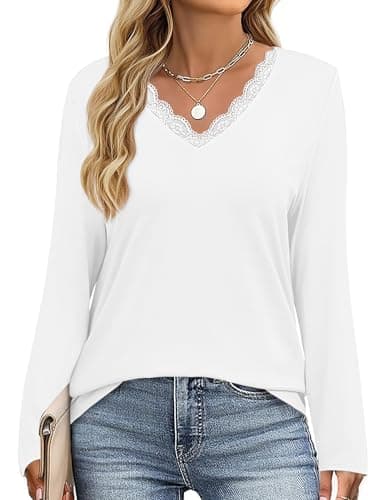 JUSTFASHIONNOW Long Sleeve Shirts for Women Lace V Neck Tunic Tops Dressy Business Casual Blouses Trendy Loose Fit Cute Winter Clothes (White,Medium) - Thumbnail 5
