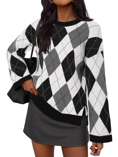 MEROKEETY Women's Long Sleeve Sweaters 2025 Fall Argyle Plaid Crewneck Loose Color Block Knit Pullover Tops, Grey, Small - Image 1