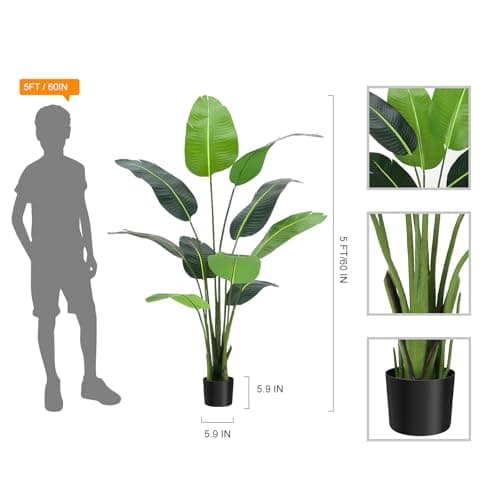 Plastic Artificial Bird of Paradise Plant 5 ft (60 in) Fake Palm Tree for Indoor Outdoor Modern Decor Faux Plants for Home Office Perfect Housewarming Gift with 10 Trunks Faux Leaves 2 Pack - Thumbnail 3