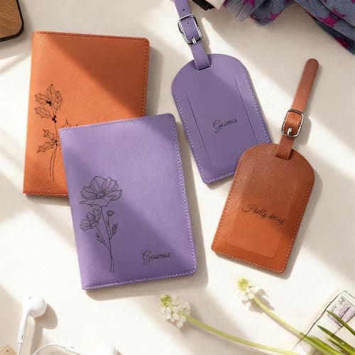 Personalized Leather Passport Pouch and Luggage Tags Set - Customized personalized name-engraved travel items tailored for women, men, couples, honeymoon travelers, and frequent air travelers - Thumbnail 3