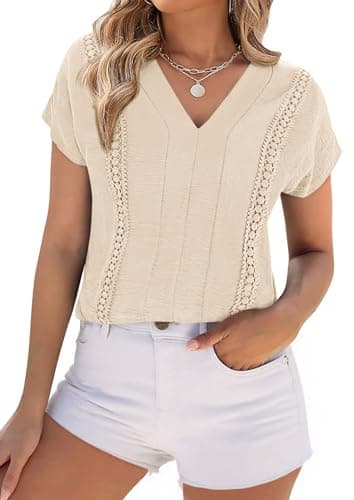 PRETTYGARDEN Blouses for Women Dressy Casual Spring 2026 Cap Sleeve V Neck Lace Trim Boho Tops Work Shirts Summer Clothes (Beige,Medium) - Image 1