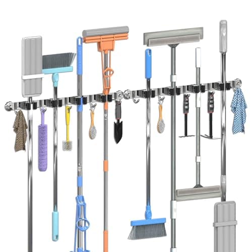 3-H Magnetic Broom Holder Wall Mount 2 Pack, 2-in-1 Dual Mount (No Drill or Screw Fix), 304 Stainless Steel Heavy Duty Magnet Mop Broom Organizer for Kitchen Garden Garage(4 Racks & 5 Hooks,Silver) - Image 1