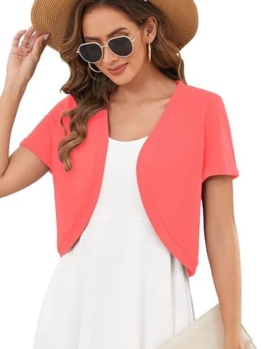 Heymoments Women's Short Sleeve Shrugs Watermelon Red 2X-Large Lightweight V-Neck Open Front Cropped Cardigan Knitted Bolero Sweaters Elegant Dresses Cover Up - Image 1