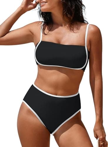 Pink Queen Women's High Waisted Bikini Sets Sporty Two Piece Swimsuits Color Block Cheeky High Cut Bathing Suits Black S - Image 1