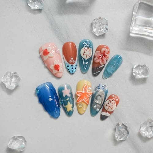 Tesytto Summer Beach Press on Nails Medium Almond - Blue Ocean French Tip False Nails with 3D Flower Colorful Sea Starfish Designs Full Cover Handmade Stick on Nails (Blue Floral Carving,S) - Thumbnail 3