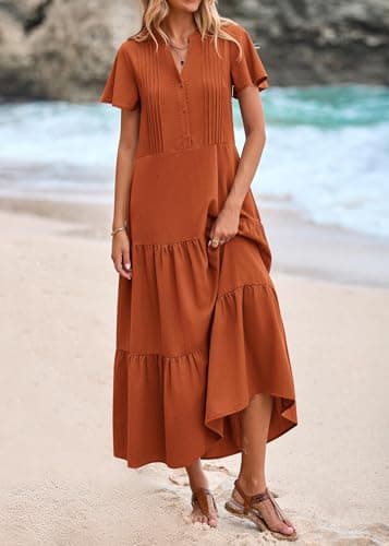 KIRUNDO Summer Maxi Dresses for Women 2026 Spring Fashion Short Sleeve Button V Neck Pleated Loose Tiered Swing Flowy Dress(Rust Red, X-Large) - Thumbnail 3