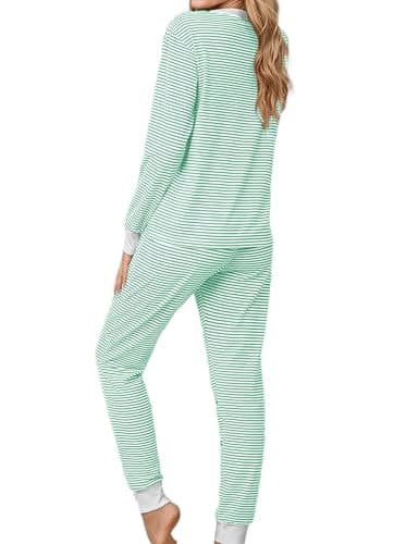 JUSTFASHIONNOW Womens 2 Piece Lounge Sets Cute Long Sleeve Pajama Sets Casual Striped Pjs with Pockets Winter Outfits Cozy Christmas Sleepwear(Green,Large - Thumbnail 6