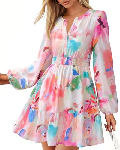 BTFBM Long Sleeve Dress for Women 2026 Spring Summer Mini Elastic Waist Floral Boho Beach Vacation Wedding Guest Dresses(Watercolour Pink, Medium) - Image 1