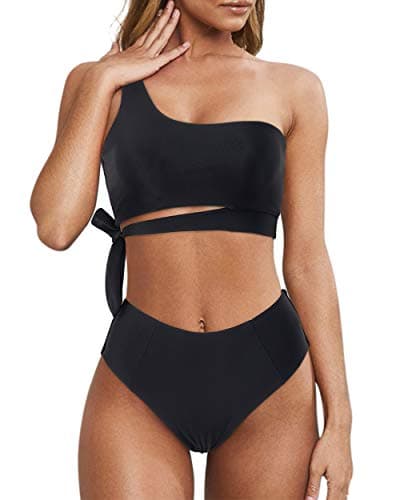 MOOSLOVER Women One Shoulder High Waisted Bikini Tie High Cut Two Piece Swimsuits(L,Black) - Image 1