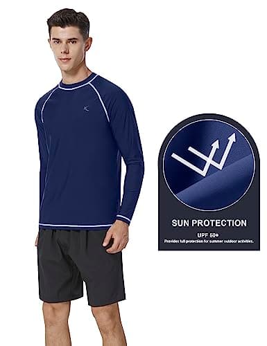 Mens Rash Guard UPF 50+ Swim Shirts UV Sun Protection T-Shirt Quick Dry Long Sleeve Beach Shirts for Fishing, Navy, 2XL - Thumbnail 4