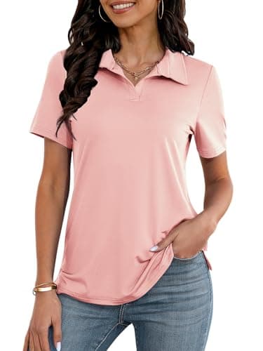 MK Shop Limited Polo Shirts for Women Business Casual Work Lapel Collared Tops V Neck Short Sleeve Summer Quick Dry Golf Polos Tunic Blouse Pink - Image 1