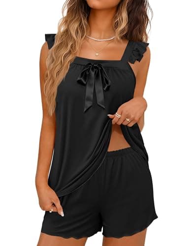Ekouaer Women's Ruffle Pajamas 2 Piece Sleeveless Bow Tank Tops and Shorts Sets Cute Sleepwear for Teen Girls Black XS - Image 1