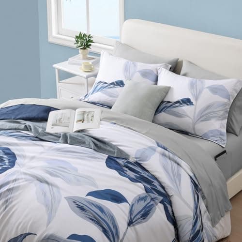 WRENSONGE Queen Comforter Set- 7 Pieces Blue Tropical Leaves Soft Bedding Sets, Coastal Bed in a Bag, Botanical Printed Comforter with Sheets for All Season - Thumbnail 6