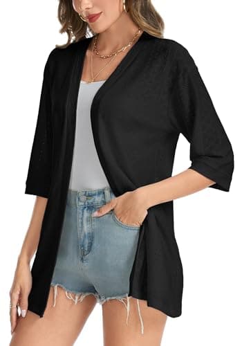 Dimur Kimonos for Women 3/4 Sleeve Cardigans Lightweight Cover Ups Business Casual Outfits Womens Beach Fashion Clothes Black Large - Thumbnail 3