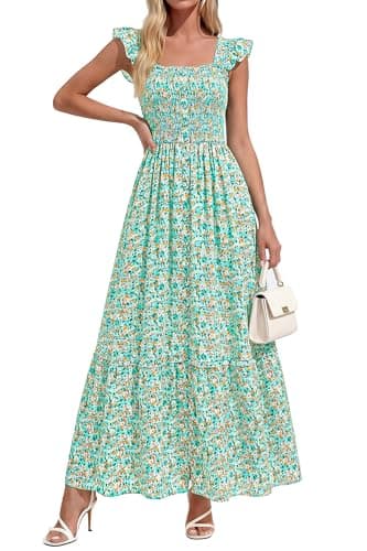 dowerme Womens Summer Maxi Dresses 2026 Casual Ruffle Sleeve Button Smocked Floral Slit Boho Dress Spring Beach Sundress(Green Floral,Small) - Image 1