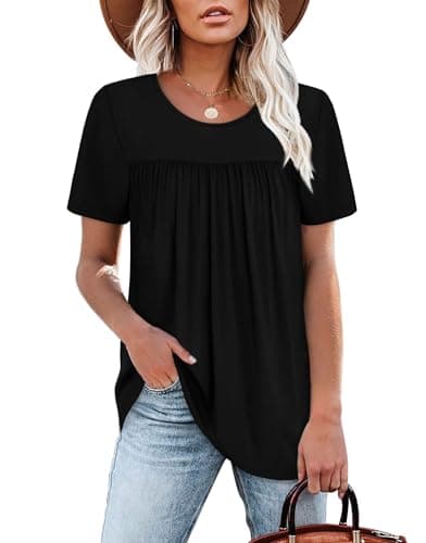 WIHOLL Summer Tops for Seniors Women Short Sleeve Tops Trendy 2026 Fashion Tshirts Blouses Dressy Casual Tunic Pleated Maternity Shirts Black L - Image 1
