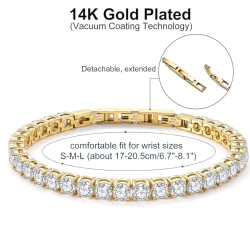 Tennis Bracelet for Women Men, 14K Gold Plated Round 5mm AAAA+ Cubic Zirconia CZ Dainty Classic Adjustable Stainless Steel Bracelets Festival Wedding Jewelry Gift (Gold, CZ 5mm) - Thumbnail 5