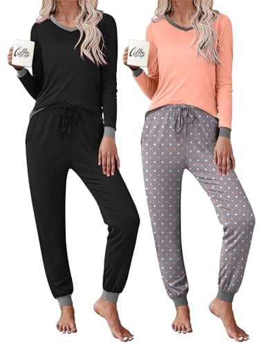 Frcdaunrs Womens 2 Pack Pajama Set Long Sleeve Pajamas Top & Polka Dots Jogger Bottoms V Neck Sleepwear Set Soft Loungewear - Image 1