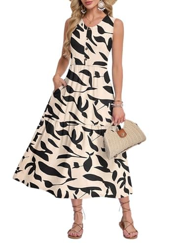 MOLERANI Summer Maxi Dresses for Women 2026 Vacation Sleeveless Loose Long Beach Dress Casual Button Down Sundresses with Pockets,Apricot Leaf-XL - Image 1
