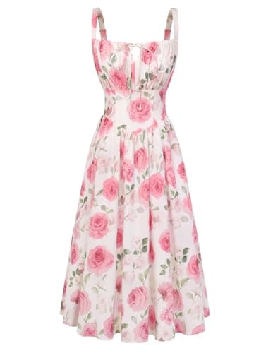 Scarlet Darkness Women's Floral Midi Dress Corset Sundresses 2026 Summer Spring Vacation Milkmaid Dresses White Pink Big Floral M - Image 1