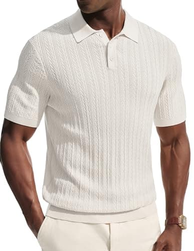 PJ PAUL JONES Mens Short Sleeve Knit Polo Shirts Casual Textured Polo Golf Shirts Summer Beach Shirt Ivory White 2XL - Image 1