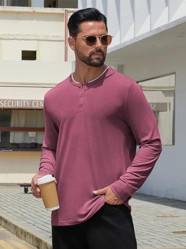 Hardaddy Men's Long Sleeve Henley Shirts Casual Color Block Henley Button T-Shirt Tops Wine Red M - Thumbnail 4