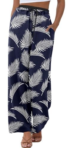 ONLYSTORY Flowy Pants for Women Casual High Waist Floral Print Wide Leg Pants Adjustable Drawstring Knot Trousers for Daily Wear - Image 1