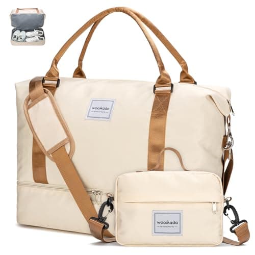 WOOMADA Weekender Overnight Bag for Women, Shoulder Travel Duffel with Shoes Compartment,Gym Bag with Toiletry Bag Large Size(beige&brown) - Image 1